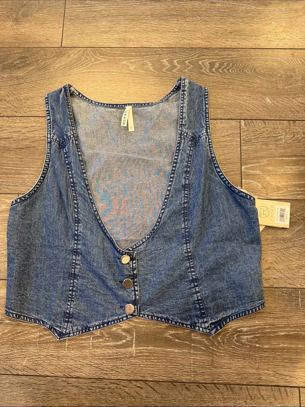 Roper Washed Blue Denim Crop Vest with Metal Buttons
